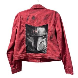 Unique Mandalorian Star Wars Cropped Jacket - Red Distressed Denim, Handmade, L